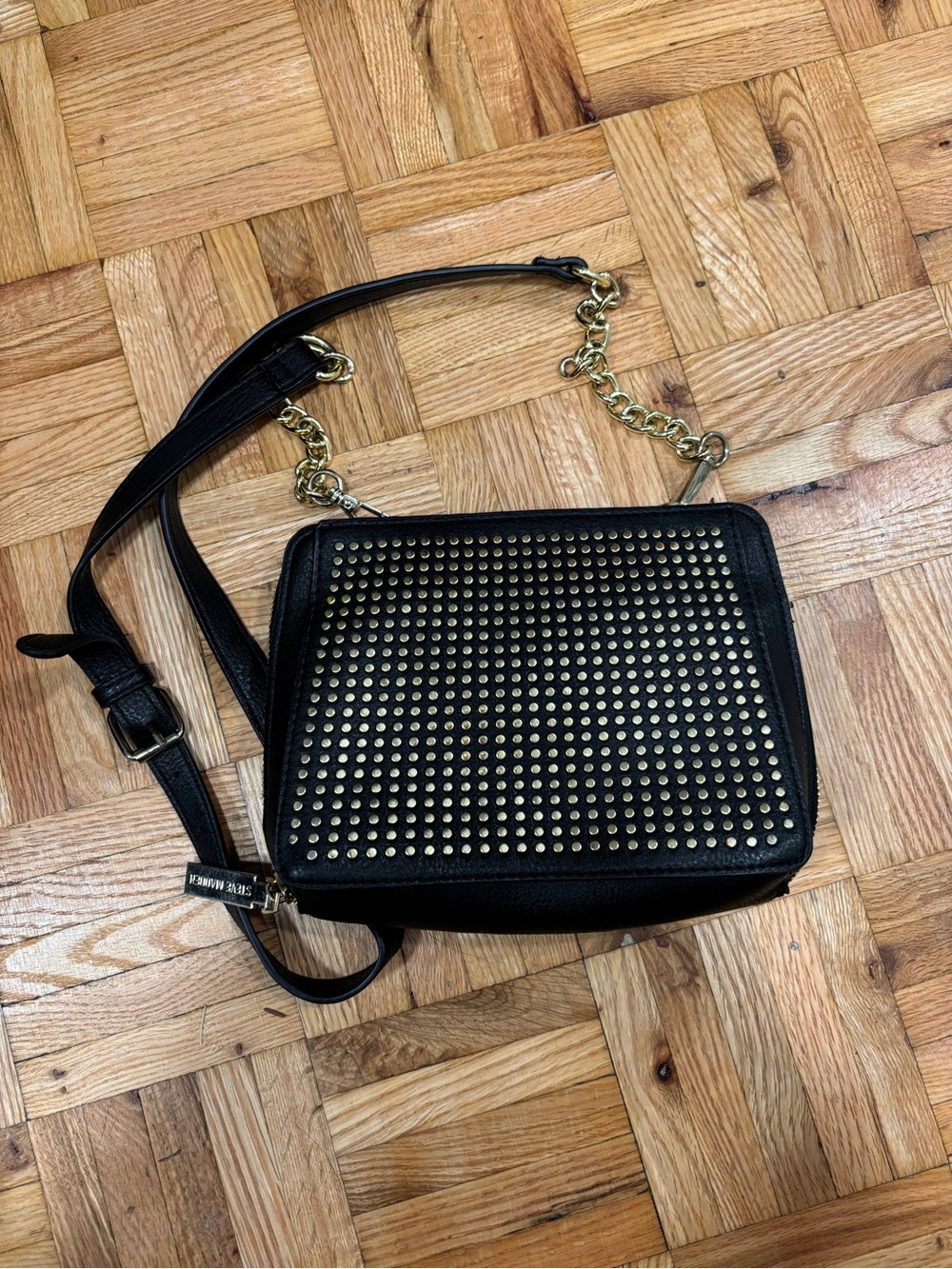 Steve Madden Women's Gold Studded Faux Leather Zip Around Crossbody Wallet Bag
